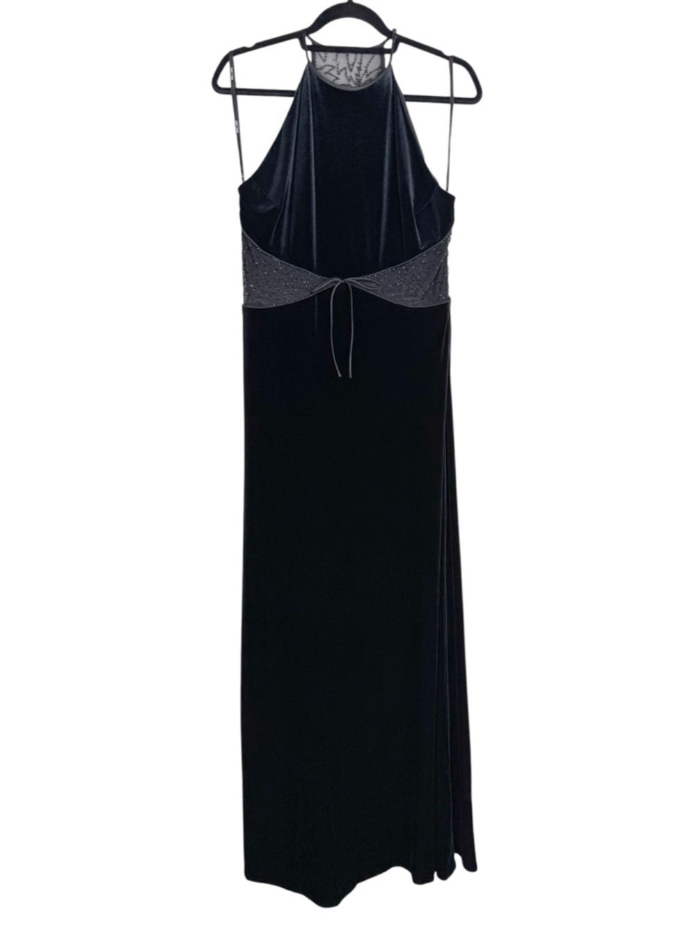 Vintage 90s Black Velvet High Neck Mesh Cutout Beaded Gown Full Length Dress - Picture 2 of 12